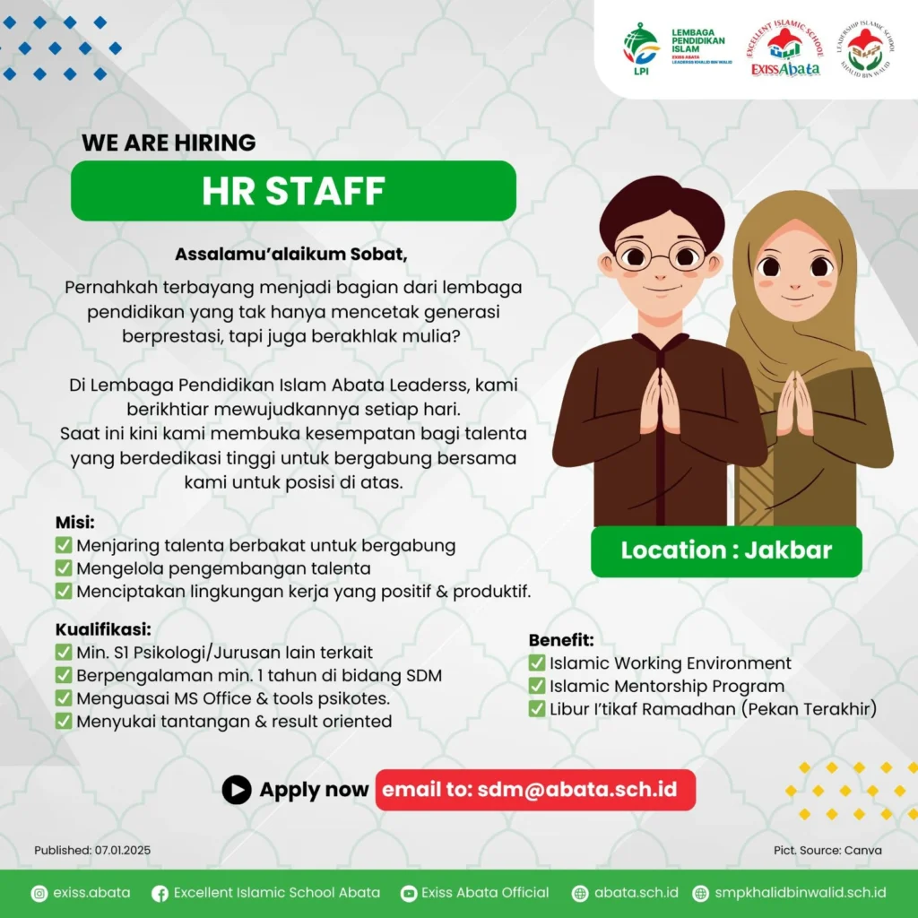 We Are Hiring ! : Human Resources (HR) Staff Sekolah Islam Jakarta Barat LPI ABATA LEADERSS